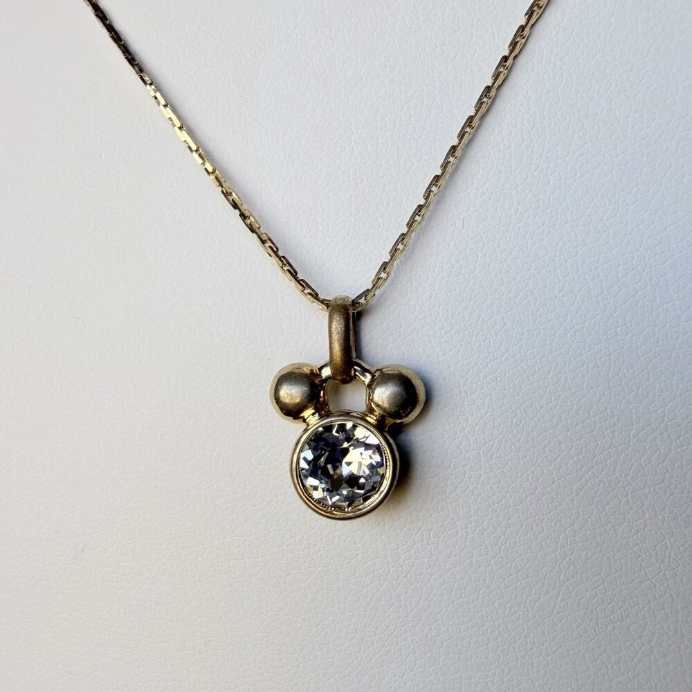 Disney Napier Gold Tone Mickey Mouse Ears Necklace  16 Inch Rhinestone Pendant